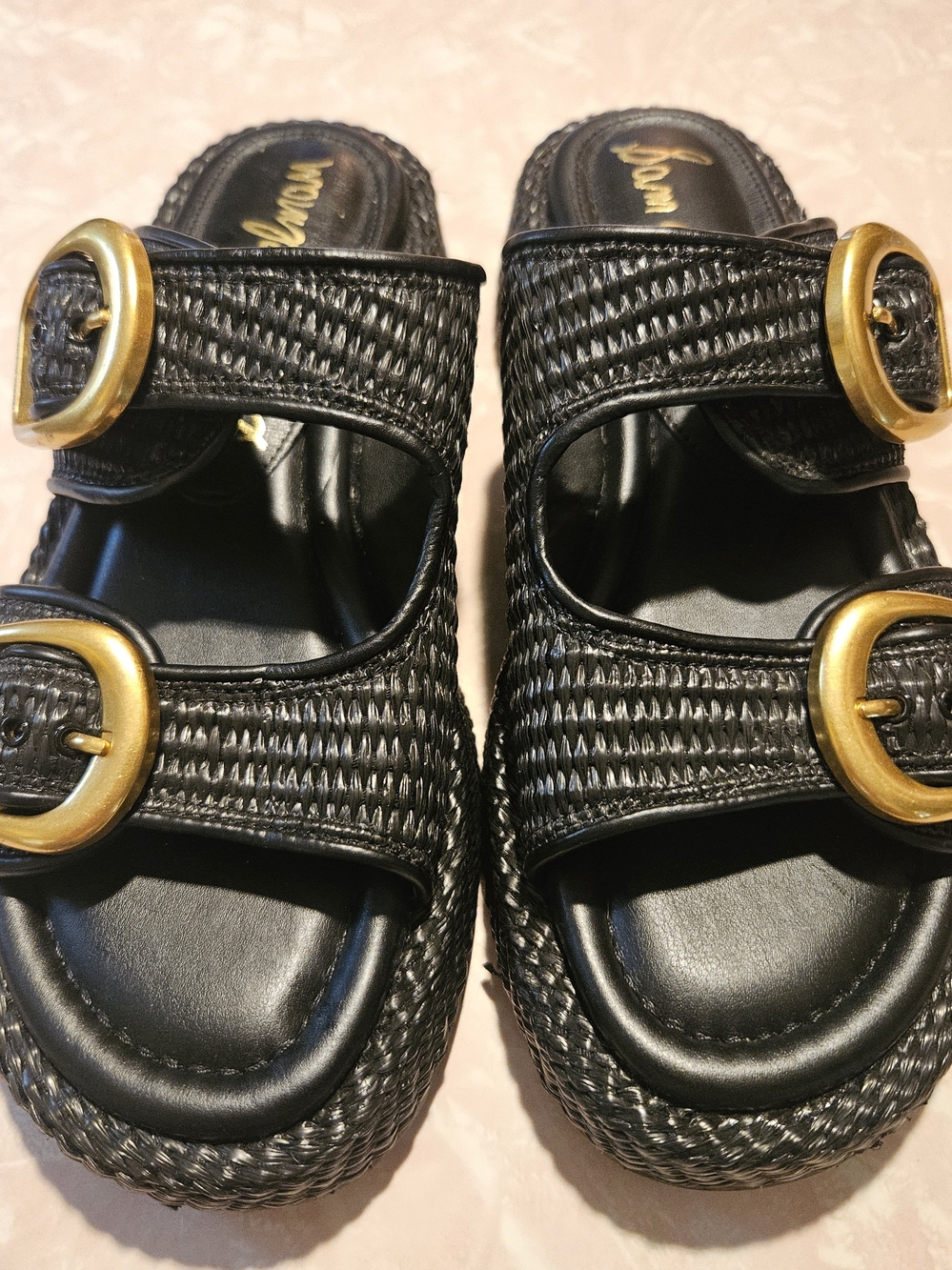 Black Woven Slide Sandals with Gold Buckles - Women SAM EDELMON